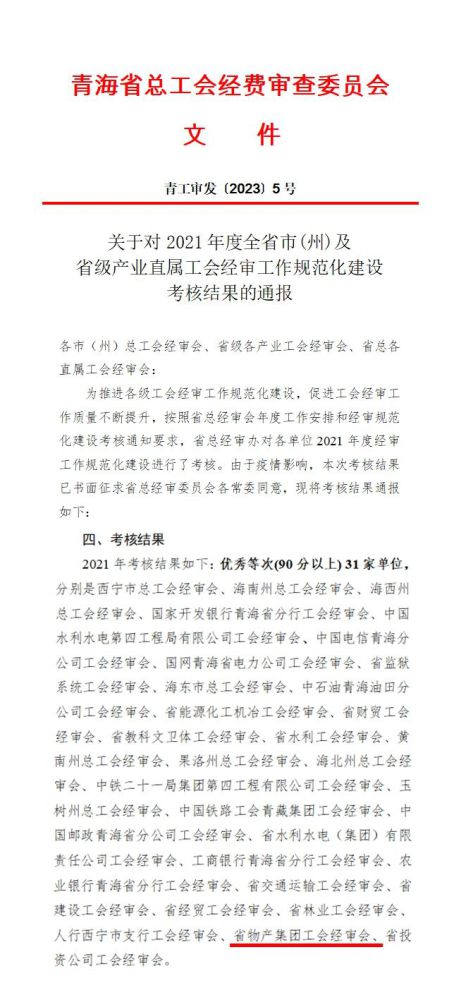 省物产集团工会经审委员会荣获2021年度经审规范化建设考核优秀等次