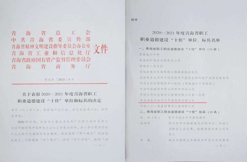 青海省临空经济区开发投资有限公司荣获青海省职工职业道德建设“十佳”单位